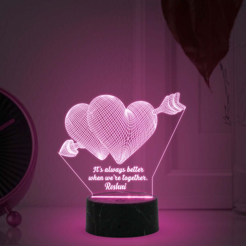 3D Double Heart Led Night Lamp with Multicolored Light Customized with Any Name and Text Gift for Anniversary